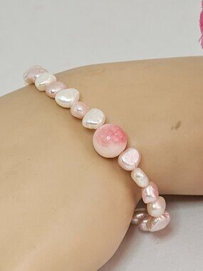 White & Pink Baroque Pearl Stretch Bracelet Oval Gemstone Stackable Bead Jewelry
